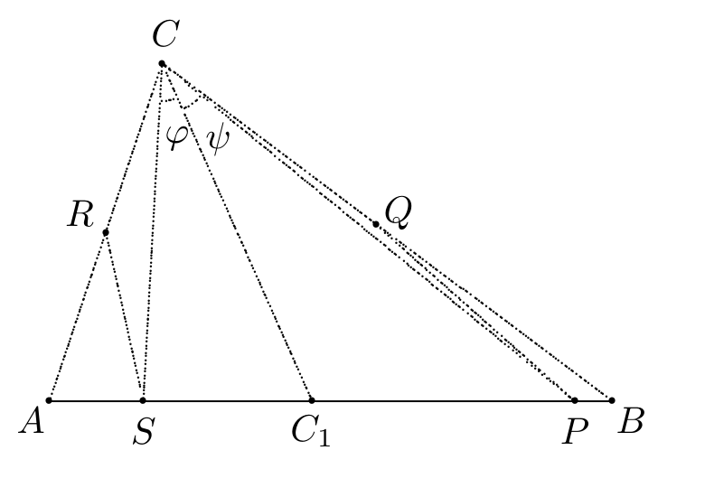 Чертеж към решението с точките A, S, C1, P, B, R, Q и C и ъглите φ и ψ.