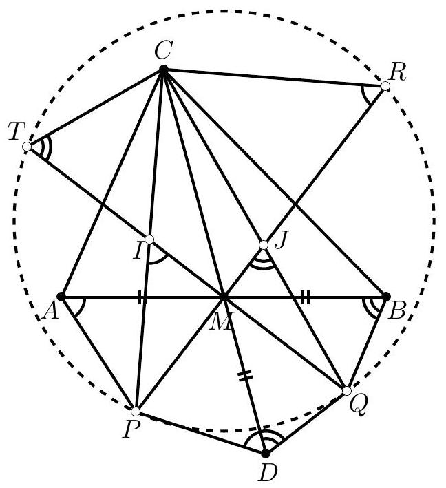 Чертежът към решението с точките A, B, C, D, I, J, M, P, Q, R и T.