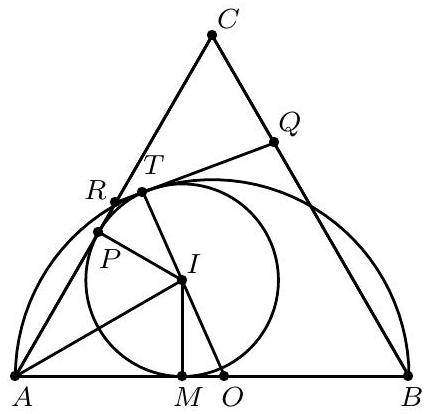 Чертежът към решението с точките A, B, C, I, M, O, P, Q, R и T.