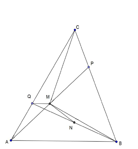 Чертежът към решението с точките A, B, C, M, N, P и Q.