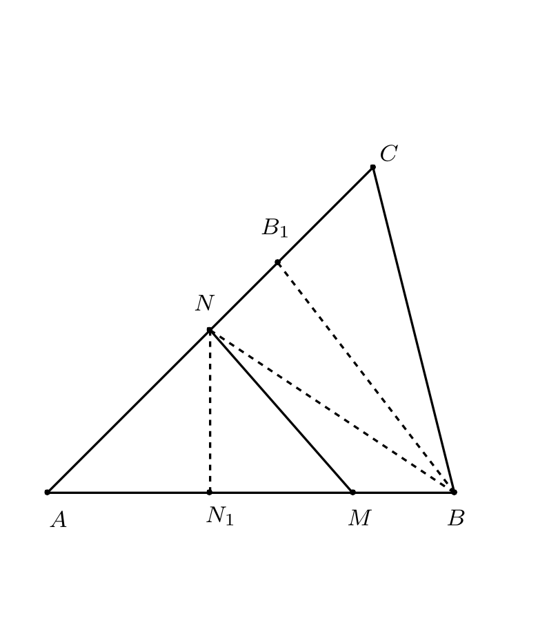 Триъгълник ABC с точки M и N и височини NN1 и BB1.
