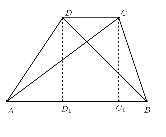 Трапец ABCD с диагонали и височини CC1 и DD1.