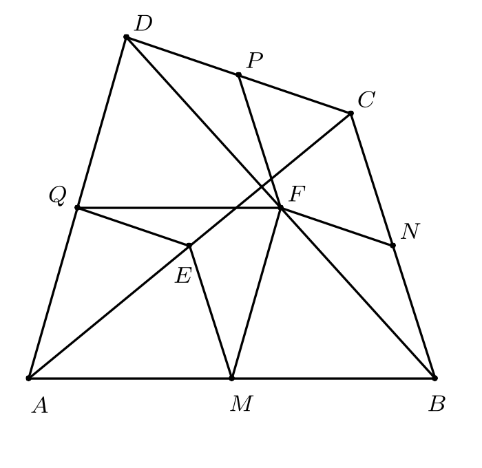 Четириъгълник ABCD със средите M N P Q E и F.