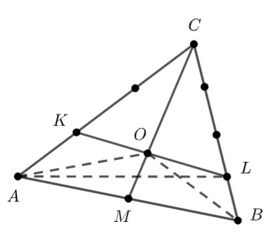 Триъгълник ABC с точките K, L, M и пресечната точка O.
