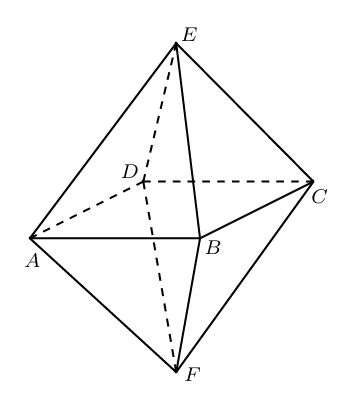 Означенията A, B, C, D, E и F върху октаедъра от официалното решение.